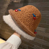 Daiiibabyyy  Cute Cherry White Plush Fisherman Hat for Women Autumn and Winter High-End Hat Warm Bucket Hat