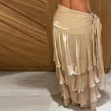 Daiiibabyyy  Women's Fashion Tiered Ruffle Maxi Skirt Cozy High Waist Wrap Tie Chiffon Long Skirt With Side Slit Beach Vacation Clothing