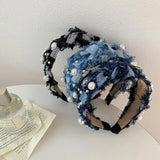 Daiiibabyyy Wide-brimmed Denim Fabric Hair Band for Women Creative Pearl Knotted Headband Fixed Hoop Hairband Girls Hair Accessories