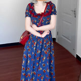 Daiiibabyyy  women's blue bubble sleeve floral dress women's summer sweet pinched waist floral  long dress