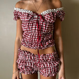 Daiiibabyyy Women Summer y2k Coquette 2 Piece Set Outfits Plaid Print V Neck Short Sleeve Crop Tops Ruffles Shorts Fairycore Clothes