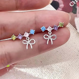 Daiiibabyyy  Korean Colorful Crystal Bow Stud Earrings for Women Girls Exquisite Sliver Color Bowknot Climbing Earrings Wedding Jewelry Gifts
