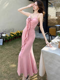 DAIIIBABYYY  -  Pink V-Neck Sexy Sling Long Dress Summer Elegant Luxury Chic Ruffled Long Dress Women Korean Fashion Bodycon Prom Dress