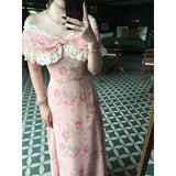 Daiiibabyyy  Vintage Floral Midi Dress Women Elegant Slash Neck Lace Dresses Summer Vacation Korean Sexy Off Shoulder Bodycon A Line Vestidos