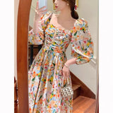 DAIIIBABYYY  -  Female Temperament Vintage Printing Multicolor Dresses Summer Sweet Pleated Square Collar Puff Sleeve Princess Dress Women Dress