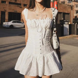 Daiiibabyyy  Sexy White Emboridery Flower Bow Ruched Chest Elastic Strap Mini Tank Dress Low Waist Spliced Folded Swing Women Sleeveless Robe