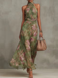 Daiiibabyyy  Elegant Off Shoulder Pleated Maxi Dress Temperament Lady Hollow Out Dress Vintage Floral Printed Sleeveless Halter Chiffon Dress