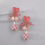 Daiiibabyyy  Fairy Sweet Pink Heart Beaded Bow Opal Ball Lily Flower Drop Multi-element Earrings Women and Girls Elegant Jewelry Gifts