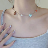 Daiiibabyyy  Cute DIY Starfish Pearl Resin Drop Beads Clavicle Chain For Women Girls Summer Vacation Necklace Jewelry