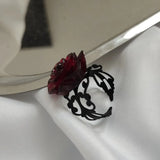 Daiiibabyyy  Retro Goth Style Red Rose Opening Rings for Women Punk Personality Crystal Flower Hollow Finger Ring Hip Hop Rock Party Jewelry