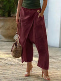 Daiiibabyyy  Women's Baggy Pants Cotton Linen Harem Trousers High Waist Wide Leg Pants Wrap Front Cropped Solid Color White Olive Green Pants