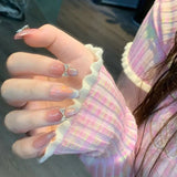 10-piece set of handmade acrylic false nails with glue cat-eye bow French blush design pressed on nails long ballerina false nails