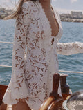 Daiiibabyyy  Lady Fashion Hight Waist Tie-Up Party Dress Elegant Lace Embroidery Hollow Beach Dress V-neck Long Sleeve Sexy White Short Dress