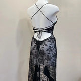 Daiiibabyyy  Sexy Black Lace High Waist Nightgowns Side Split Suspender Dress Design Sense Spice Girl Skinny Slim Perspective Long Nightdress