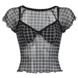 DAIIIBABYYY  -  Korean Commuter Women's Summer New Lace Square Collar Spliced Plaid Gauze Fashion Slim All-match Chic T-shirt Short Sleeve Tops