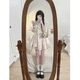 Daiiibabyyy  French Princess Sweet Floral Bow Tie Dress with Square Neckline Puffy Short Sleeves and Short Length for Summer