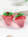 Daiiibabyyy  Sweet Resin Fruit Strawberry Pendant Earrings Lovely Red Clear Big Berries Drop Earring Summer Jewelry Gifts