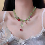 Daiiibabyyy  Mint Green Crystal Bead Necklace for Women Luxury Delicate Charm Sweet Heart Pendent Necklace Trendy Versatile Jewelry Wholesale