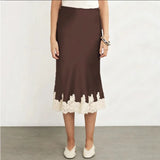 Daiiibabyyy  New Lace Patchwork Silk Surface Half Skirt Draped Glossy A-line Mid-length Skirt Women Spring Autumn Elegant Demeanor Lace Skirt