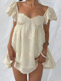 Daiiibabyyy  Summer French Vintage Flower Embroidery Solid V Neck Puff Sleeve Temperament Dresses