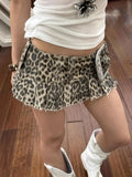 Daiiibabyyy  American High Street Design Full Leopard Print Denim Mini Children Y2k Millennium Style Spicy Low Waist Pleated Skirt