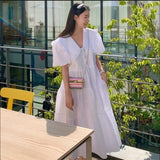 DAIIIBABYYY  -  Prairie Retro Fashion Long Dress Yellow White Summer Puff Sleeve Dream Dating Dress Slim Waist Midi Loose Casual Holiday Dress