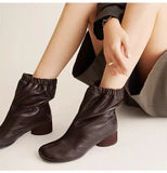 Daiiibabyyy  Autumn Winter Fashion Elastic Band Split Toe Women Ankle Boots Comfortable Soft Leather Med Heeled Tabi Chunky Short Boots Shoes