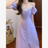 DAIIIBABYYY  -  French Gentle Splicing Lace Purple Bubble Sleeve Dress For Women Summer New Style High End Concealed Waist Elegant Long Dresses