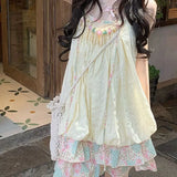 DAIIIBABYYY  -  Ethnic Style Pink Green Floral Pleated Sling Loose Flower Bud Women Summer New Dopamine Patchwork Square Neck Slip Dress