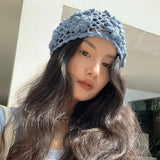 Daiiibabyyy  Women's Hats Y2k Caps Haze Blue Korean  Version Hand Crocheted And Hollowed Out Flower Shaped Cap Pile Pile Cap Sweet Cool Cap
