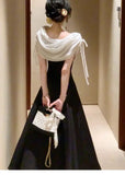 Daiiibabyyy  Princesscore Coquette Dress Women Black White Colorblock Bowknot Cowl Neck High Waist Slim Fit Maxi Dress Elegant Party Outfit