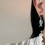 Daiiibabyyy  Y2K Blue Small Fish Pendant Earrings for Women Fashion Sweet Crystal Asymmetric Ear Buckle Seaside Vacation Jewelry Accessories