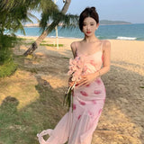 DAIIIBABYYY  -  French Vintage Style 3D Cut Rose Flower Irregular Bottomfish Tail Skirt Tank Dress Nonsquare Neckline Casual Prom Gown