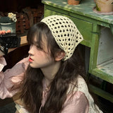 Daiiibabyyy  Knitted Hollow Out Triangle Hair Scarf Headband Women Girls Knitted Flower Headbands Summer Travel Literary Photo Headwear
