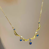 Daiiibabyyy  Delicate Blue Water Drop Zircon Necklace for Women Vintage Metal Wave Splicing Necklace Rings Wedding Party Jewelry Gifts
