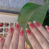 Daiiibabyyy 24pcs Red Cheek with Golden Edge Sweet  French Middle Art False Nails Set Press on Fake Stick-on Full Cover Nail  with Glue