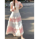 Daiiibabyyy  French Style Floral Print Sweet Lace High Waist Skirt Spring Summer Cake Sweet Girl Vintage Retro A Line Runay Ruffle Skirts