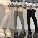 Daiiibabyyy  Lolita Ribbon Bow Thigh High Stockings Kawaii JK Solid Color Bow Tie Sweet Black White Knee High Socks Sexy Women Silk Stockings