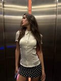 Daiiibabyyy  Elegant Solid Color Fitted Short Sleeve Women T-shirt Fashion Slim Fit Collared Shirts Ladies Exquisite Highstreet Outwear