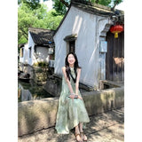 Daiiibabyyy  New Chinese Style Women's Sleeveless Halter Dress Summer Suspender Floral Long Skirt