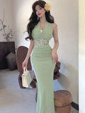 DAIIIBABYYY  -  Green Mesh Patchwork Lace Jacquard Dress Summer Elegant Neck-mounted Sexy Dress Women Korean Vintage Luxury Evening Dresses