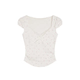 DAIIIBABYYY  -  Sweet Girl V-neck Bow Lace Splicing Short-sleeved T-shirts Women's Summer Floral Print Slim Short Pullover Tops Female Clothing