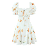 Daiiibabyyy  Retro White Flower Bow Ruched Chest Lace Slash Collar Satin Mini Dress Women Short Puff Sleeve Low Waist Swing Dresses Robe