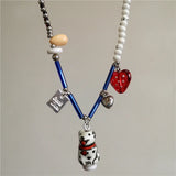 DAIIIBABYYY  -  Y2K Charm Ceramic Strawberry Cartoon Dog Pendant Beaded Choker Necklace Aesthetic Goth 2000s Jewelry EMO Grunge Accessories