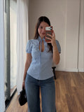 Daiiibabyyy  Light Blue Vintage Blouses Women Stand Collar Tie Neck Ruched Front Puff Short Sleeve Fitted Silhouette Tops Street Wear