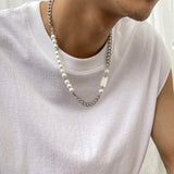 DAIIIBABYYY  -  Hip Hop Asymmetric Curb Cuban Link Chain Necklace For Men Classic Imitation Pearl Beaded Collar High Quality Neo-gothic Jewelry