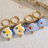 Daiiibabyyy  Bohemian Colored Ceramic Fish Hoop Earrings for Women Simple Printing Metal Buckles Versatile Trendy Friends Gift Accessories