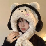 Daiiibabyyy  1pc Headphone-Style Puppy Hat for Women, Autumn & Winter Cute Fleece Hat-Scarf Set, Thickened Warm Ear & Neck Protection