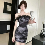 Daiiibabyyy  Sexy One-shoulder Mesh Printed Dress for Women in Pure Desire Style, Waist-hugging, Sexy Hot Girl Tight Buttocks