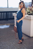 Daiiibabyyy  Casual Women Jumpsuit Sleeveless High Waist Button Front Romper Light Blue Straight Leg Solid Color Denim Jumpsuit Drawstring